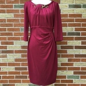 Kay Unger New York Embellished Pleated Red Gold Ruched 3/4 Sleeve Dress 👗